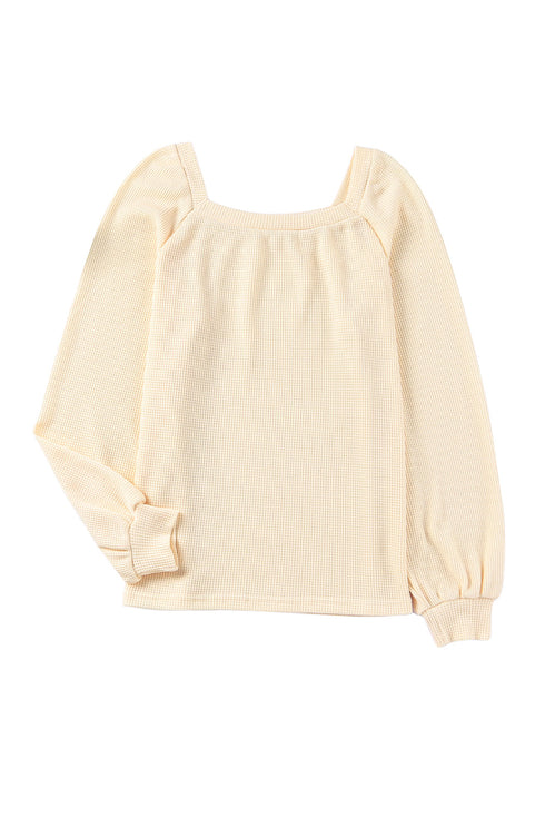 Scoop Neck Puff Sleeve Waffle Knit Top