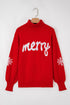 Script Text Snowflake Sleeve Mock Neck Knit Sweater