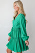 Sea Green Frilly V Neck Puff Sleeve Drawstring Shift Mini Dress