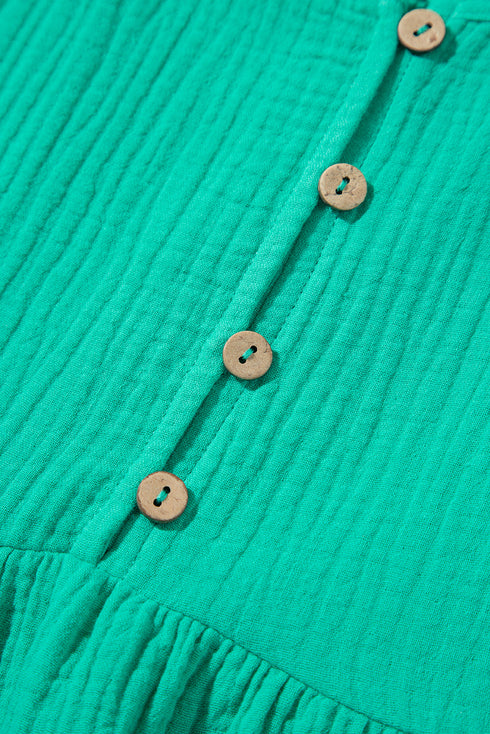Sea Green Textured Buttoned Thin Strap Tiered Loose Fit Mini Dress