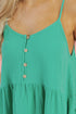 Sea Green Textured Buttoned Thin Strap Tiered Loose Fit Mini Dress