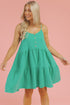 Sea Green Textured Buttoned Thin Strap Tiered Loose Fit Mini Dress