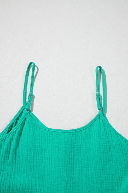 Sea Green Textured Buttoned Thin Strap Tiered Loose Fit Mini Dress