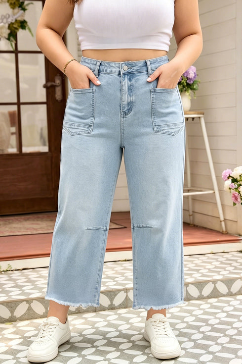 Seam Detail Patch Pocket Raw Cut Wide Leg Jeans