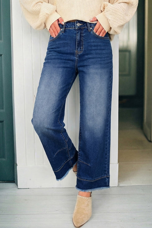 Seam Detail Raw Hem Ankle Length Denim Jeans