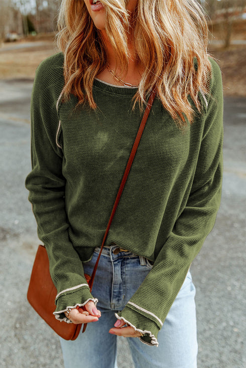 Seam Detail Waffle Knit Crew Neck Relaxed Fit Long Sleeve Top