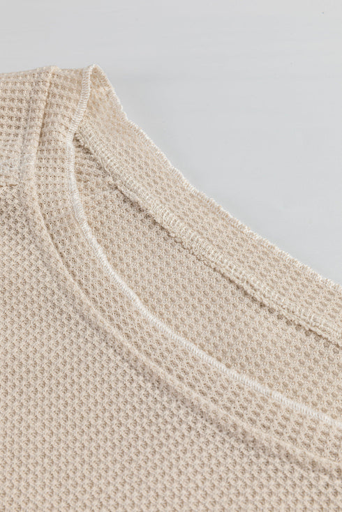 Seam Detail Waffle Knit Crew Neck Relaxed Fit Long Sleeve Top
