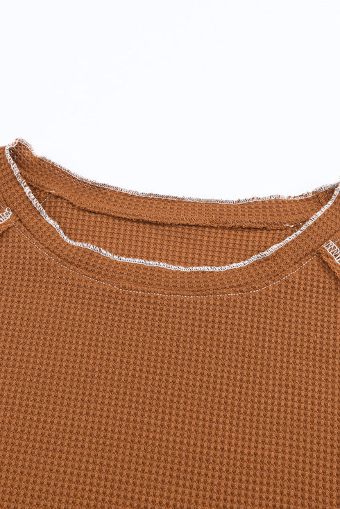 Seam Detail Waffle Knit Crew Neck Relaxed Fit Long Sleeve Top