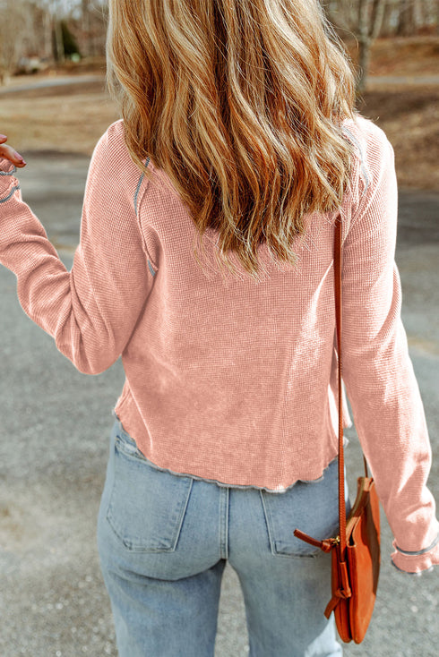 Seam Detail Waffle Knit Crew Neck Relaxed Fit Long Sleeve Top