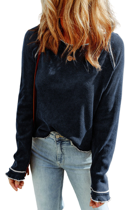 Seam Detail Waffle Knit Crew Neck Relaxed Fit Long Sleeve Top