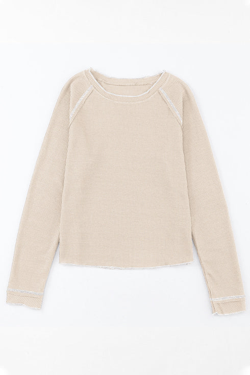 Seam Detail Waffle Knit Crew Neck Relaxed Fit Long Sleeve Top