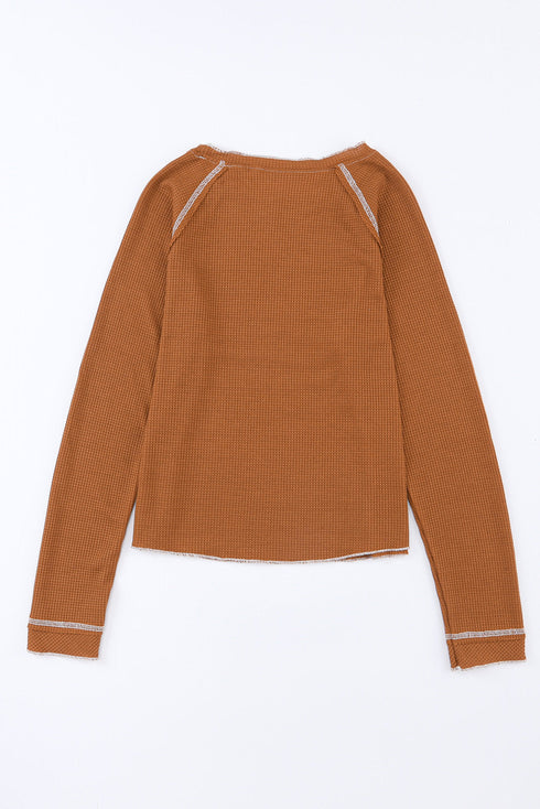 Seam Detail Waffle Knit Crew Neck Relaxed Fit Long Sleeve Top