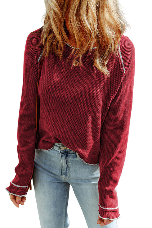 Seam Detail Waffle Knit Crew Neck Relaxed Fit Long Sleeve Top