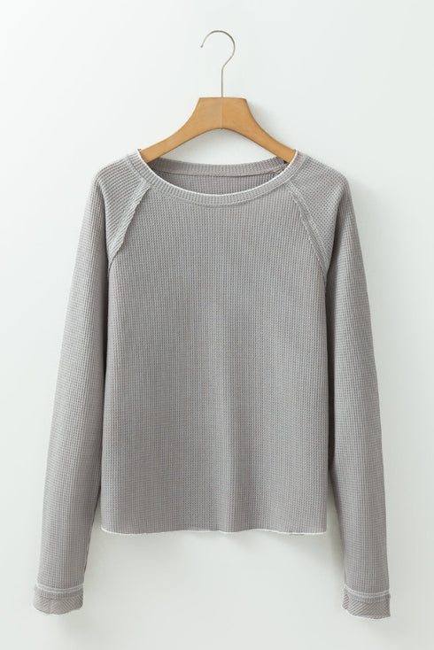 Seam Detail Waffle Knit Crew Neck Relaxed Fit Long Sleeve Top