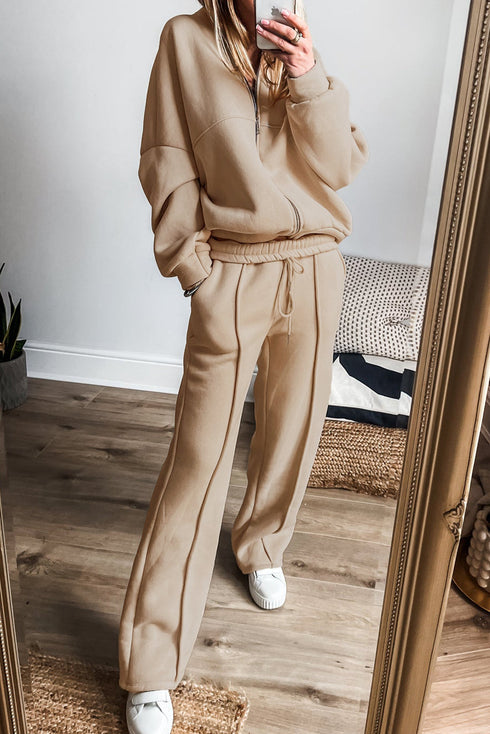 Seamed Zipper Jacket Drawstring Wide Leg Pant Set