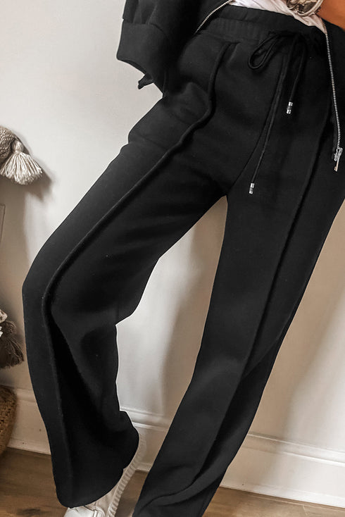 Seamed Zipper Jacket Drawstring Wide Leg Pant Set