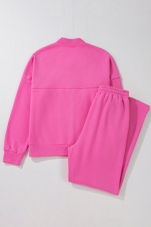 Seamed Zipper Jacket Drawstring Wide Leg Pant Set
