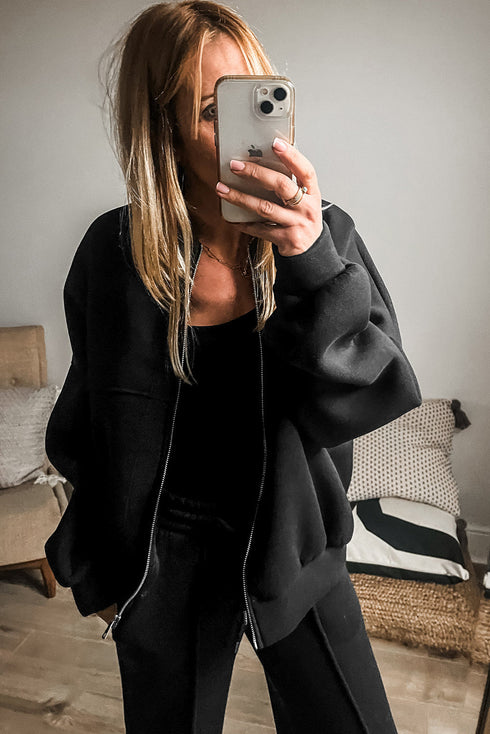 Seamed Zipper Jacket Drawstring Wide Leg Pant Set