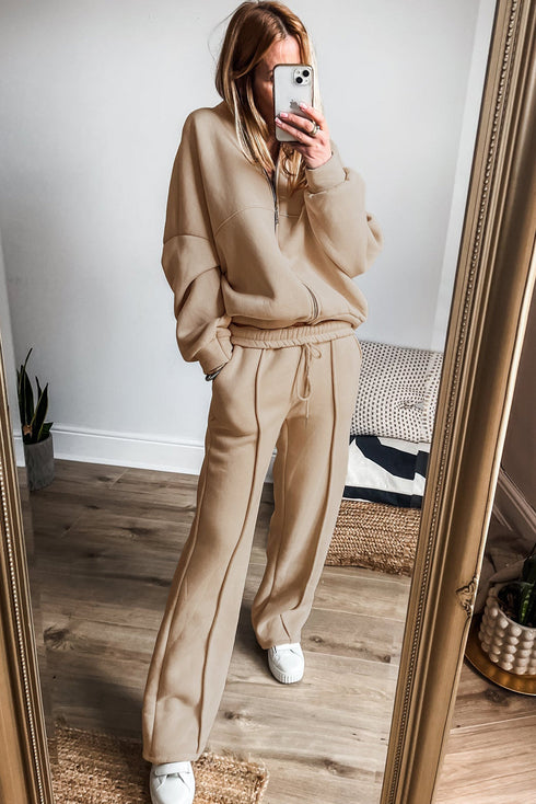 Seamed Zipper Jacket Drawstring Wide Leg Pant Set