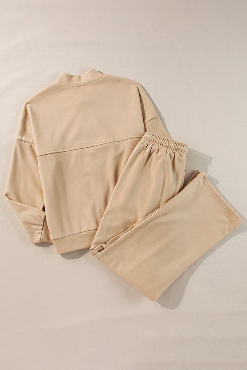 Seamed Zipper Jacket Drawstring Wide Leg Pant Set