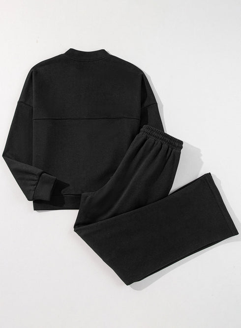 Seamed Zipper Jacket Drawstring Wide Leg Pant Set