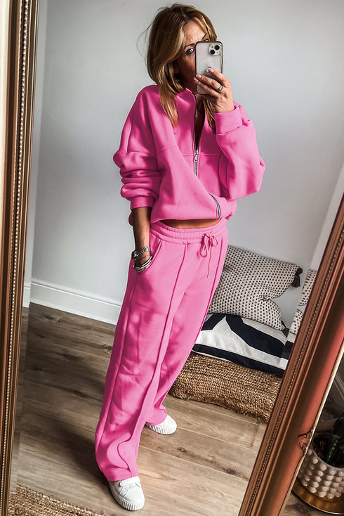 Seamed Zipper Jacket Drawstring Wide Leg Pant Set