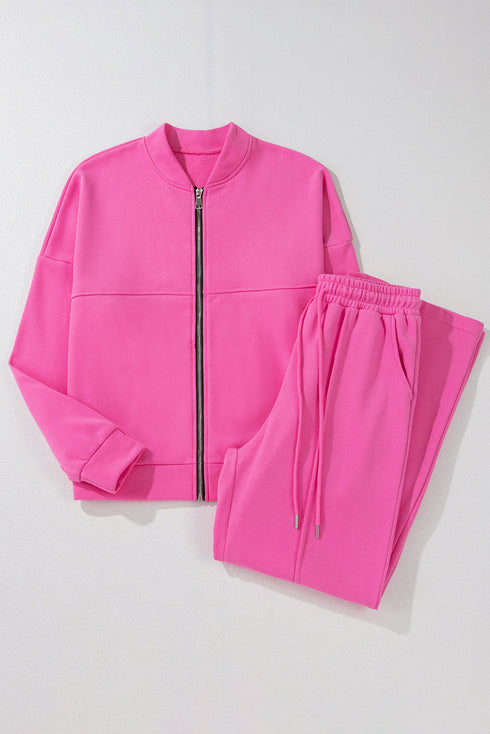 Seamed Zipper Jacket Drawstring Wide Leg Pant Set