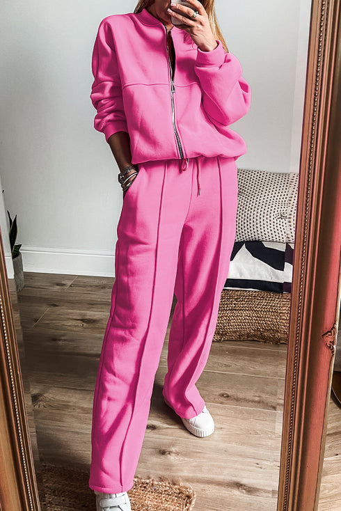 Seamed Zipper Jacket Drawstring Wide Leg Pant Set