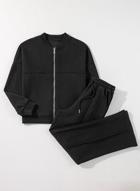 Seamed Zipper Jacket Drawstring Wide Leg Pant Set
