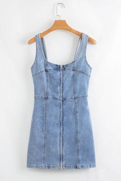 Seamed Zipper Square Neck Sleeveless Denim Bodycon Mini Dress