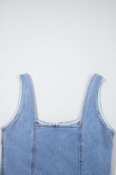 Seamed Zipper Square Neck Sleeveless Denim Bodycon Mini Dress