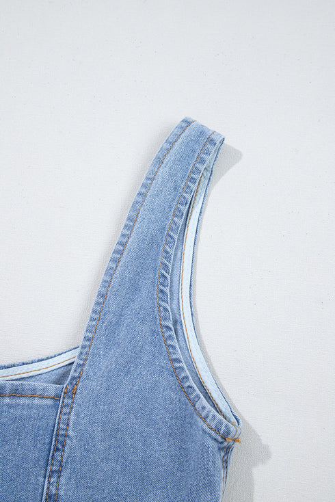 Seamed Zipper Square Neck Sleeveless Denim Bodycon Mini Dress