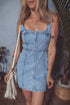 Seamed Zipper Square Neck Sleeveless Denim Bodycon Mini Dress