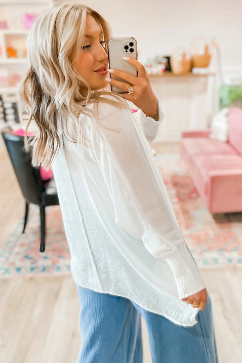 Semi Sheer Dolman Sleeve Smocked Cuff Blouse