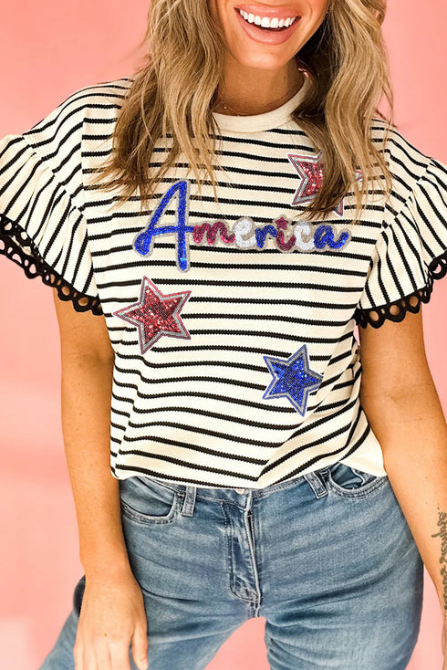 Sequin America Star Graphic Flutter Sleeve Textured Blouse