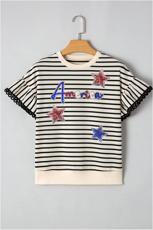 Sequin America Star Graphic Flutter Sleeve Textured Blouse