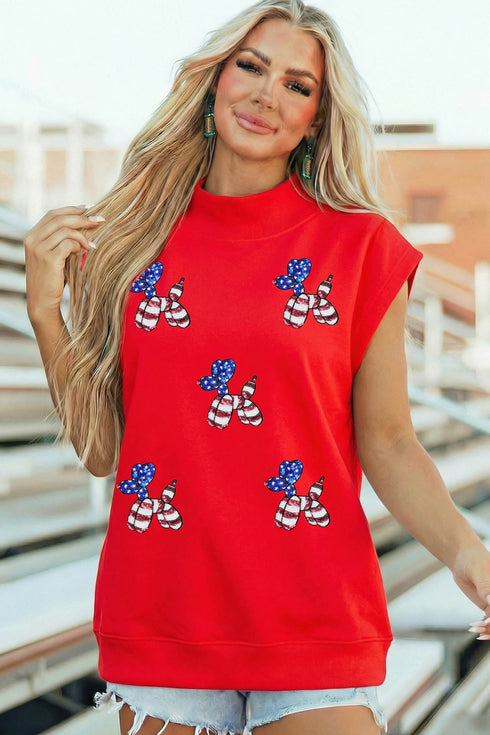Sequin American Flag Balloon Dog Mock Neck Graphic Tee