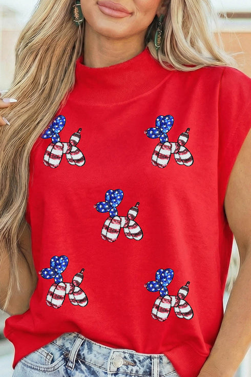 Sequin American Flag Balloon Dog Mock Neck Graphic Tee