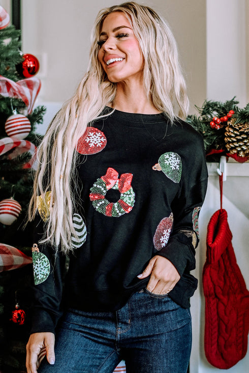 Sequin Applique Patch Long Sleeve Crewneck Sweatshirt