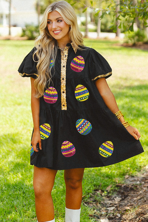 Sequin Applique Puff Sleeve Tiered Mini Dress