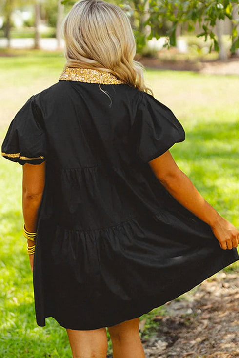 Sequin Applique Puff Sleeve Tiered Mini Dress