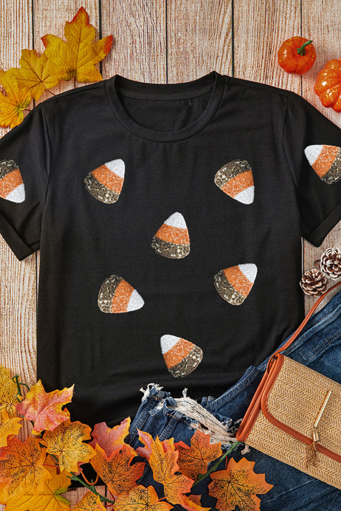 Sequin Applique Pumpkin Ghost Graphic Short Sleeve Tee