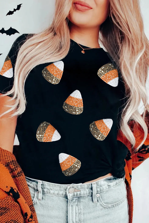 Sequin Applique Pumpkin Ghost Graphic Short Sleeve Tee