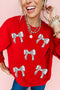 Sequin Baseball Bow Graphic Crew Neck Sweatshirt