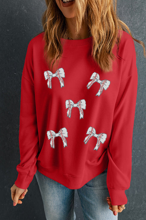 Sequin Baseball Bow Graphic Crew Neck Sweatshirt