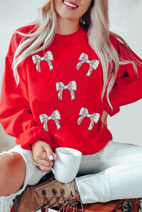 Sequin Baseball Bow Graphic Crew Neck Sweatshirt