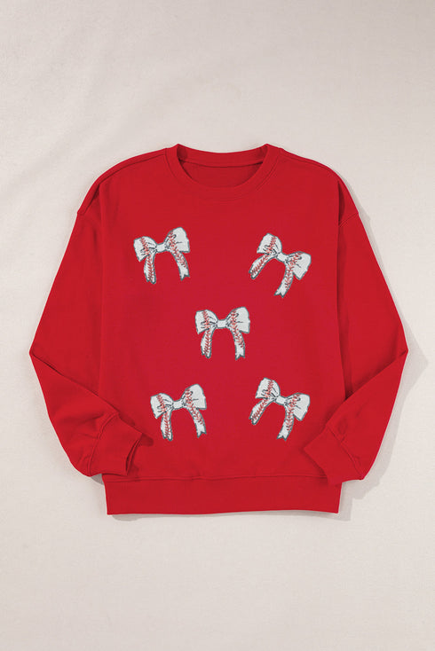 Sequin Baseball Bow Graphic Crew Neck Sweatshirt