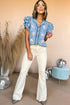 Sequin Baseball Frayed Denim Ruffle Sleeve Button Graphic Tee