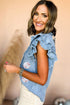 Sequin Baseball Frayed Denim Ruffle Sleeve Button Graphic Tee