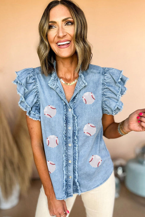 Sequin Baseball Frayed Denim Ruffle Sleeve Button Graphic Tee